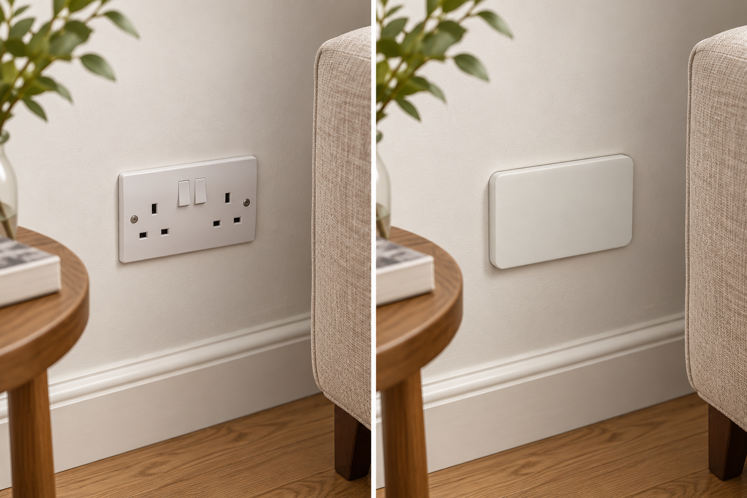 Living room illustration: uncovered double socket on the left, white cover on the right
